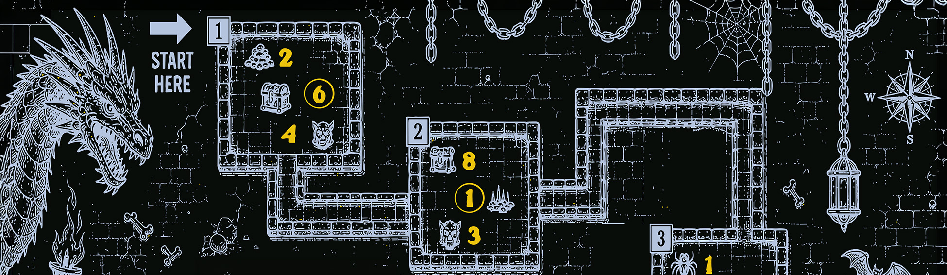 The Dungeon Drink map etched on the glass — a dragon at the gate, the START arrow, and the first stone rooms with their treasure and monsters